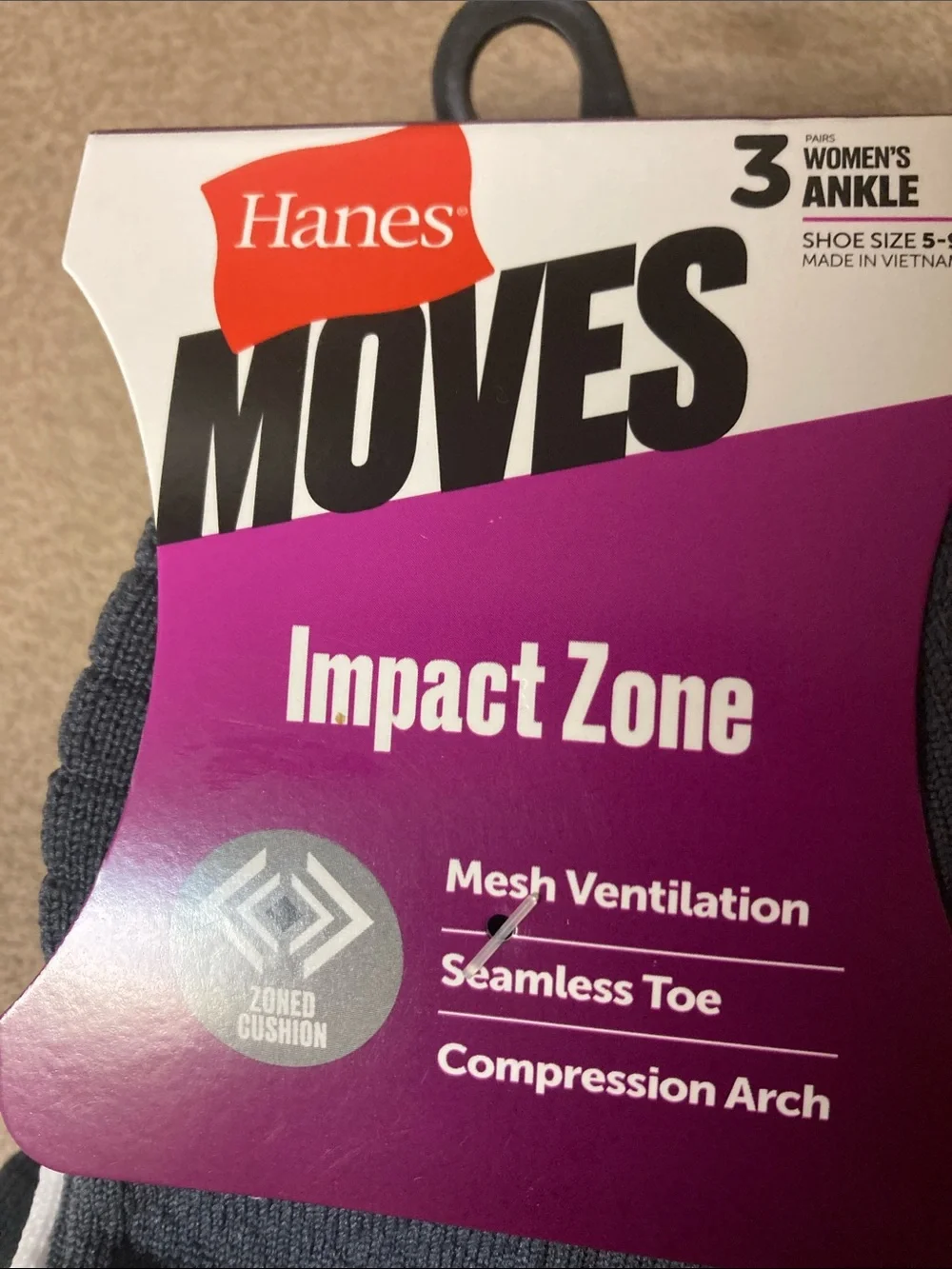 Hanes Moves Impact Zone Ankle Socks - Dark Gray black white (3-Pack)